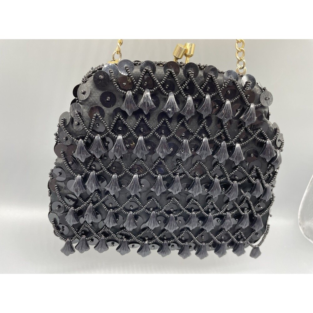 Vintage small Beaded Purse Black bag Dinner Bag Kiss Lock Bag‎ Hong Kong Safco